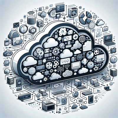 DALL·E 2023-12-22 14.10.04 - A more detailed vector image of a Cloud Marketplace, with a balance of simplicity and thematic elements. The image showcases various stylized cloud co